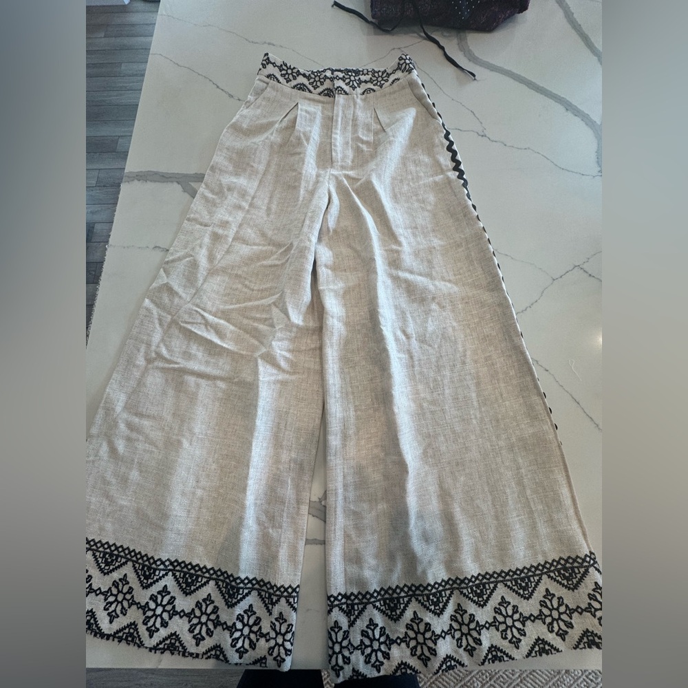 PatBo - Wide Leg Embroidered Hem Pants - Neutral Linen Look - Size 4